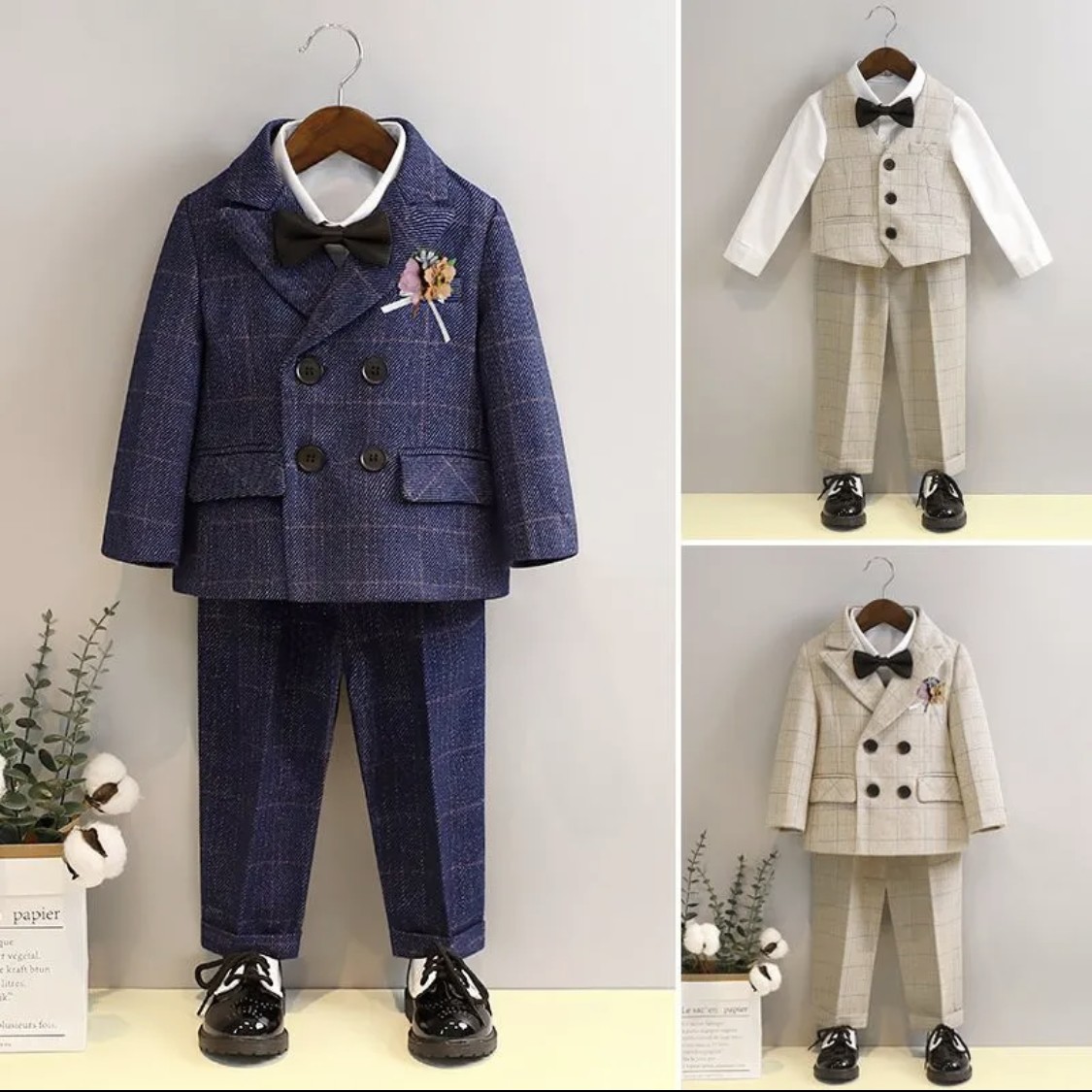 Boys' Plaid Formal Suit Set (Navy & Beige)