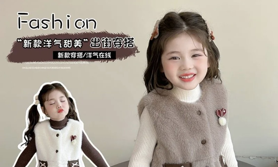 Girls' Faux Fur Vest & Plaid Pleated Skirt Set (Autumn/Winter)