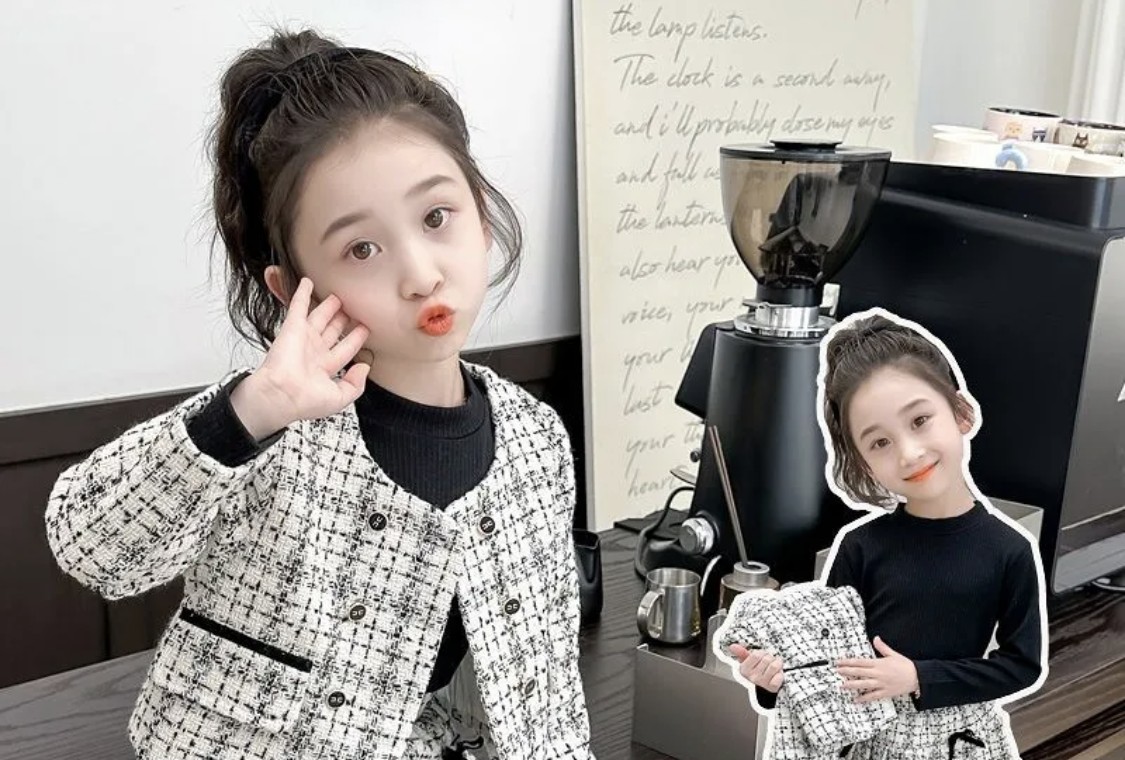 Girls' Black & White Tweed 3-Piece Set (Jacket, Skirt, Top)