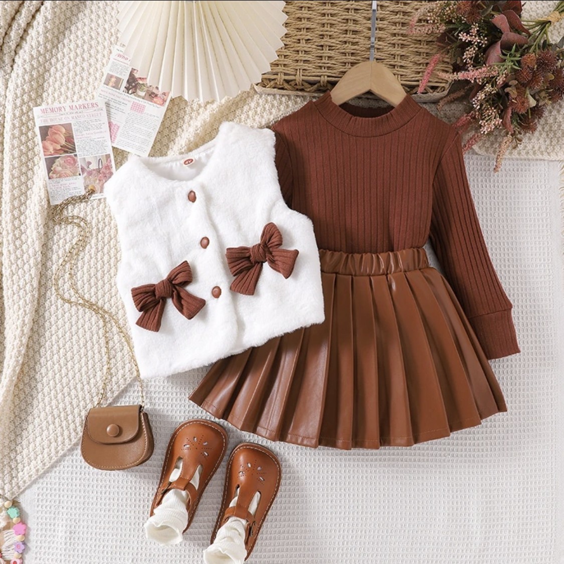Girls' Autumn 3-Piece Set: Ribbed Top, Pleated Skirt & Fur Vest
