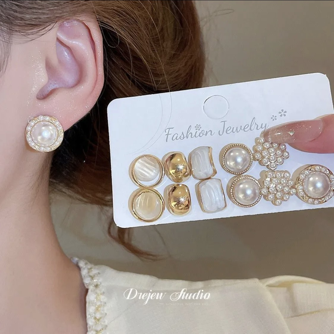 Geometric Pearl Stud Earring Set (6 Pairs)
