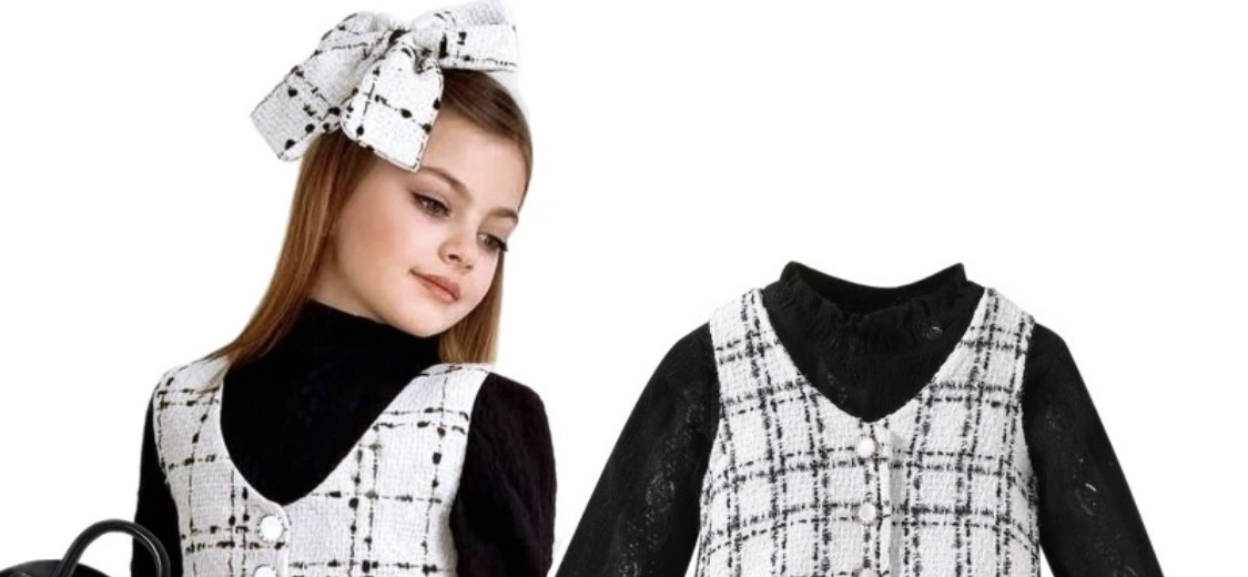 Girls' 3-Piece Tweed Grid Set (Lace Top, Vest & Pleated Skirt)