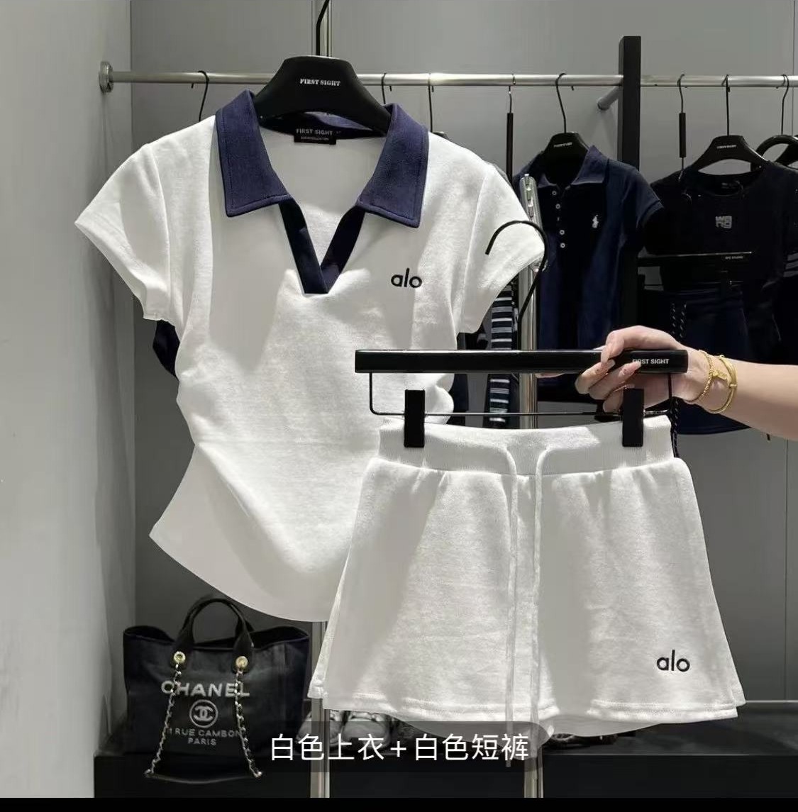 Women's color matching of blue top + shorts